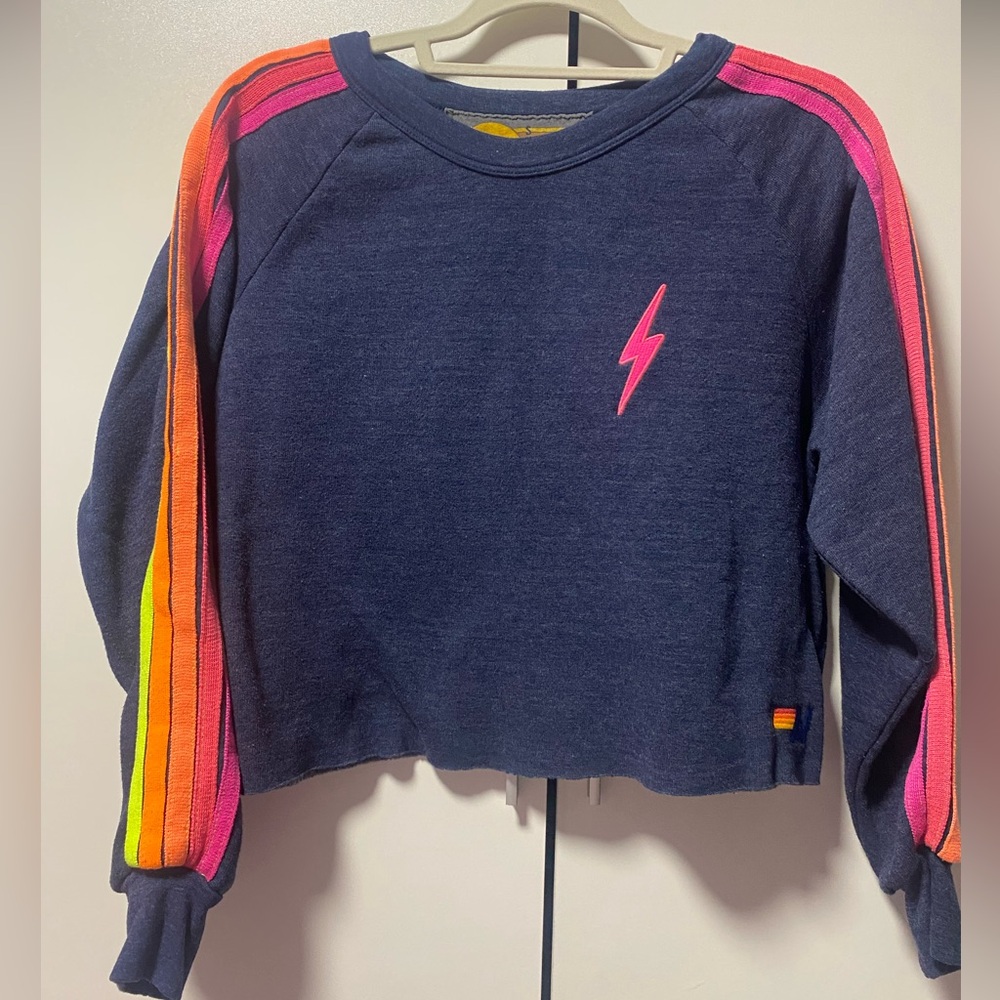 Aviator Nation Blue Crop Top with Pink and Orange Stripes